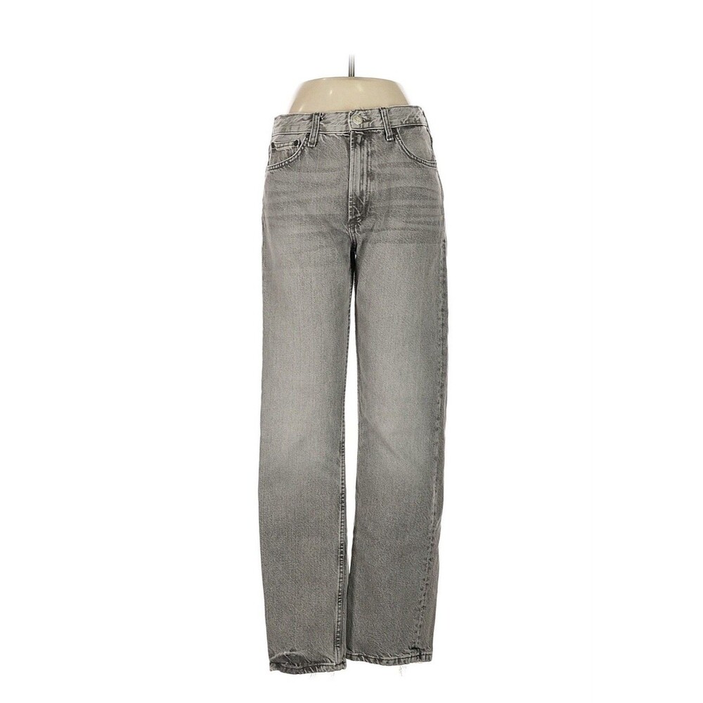 ZARA Women's Gray Denim Straight Leg Jeans Raw Hem 5-Pocket Mid Rise Solid